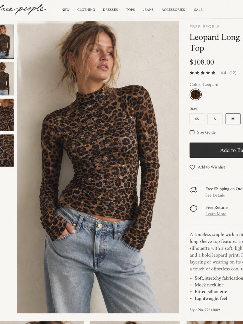 Free People Brown Leopard Mock Neck Long Sleeve Top